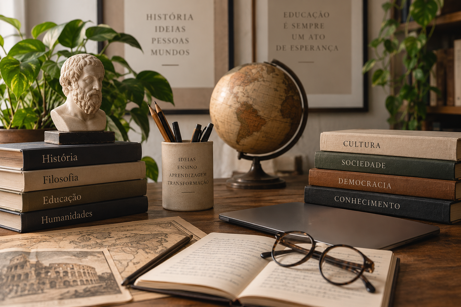Mesa de trabalho com livros de História, Filosofia e Humanidades, um busto clássico, um globo terrestre e um notebook.