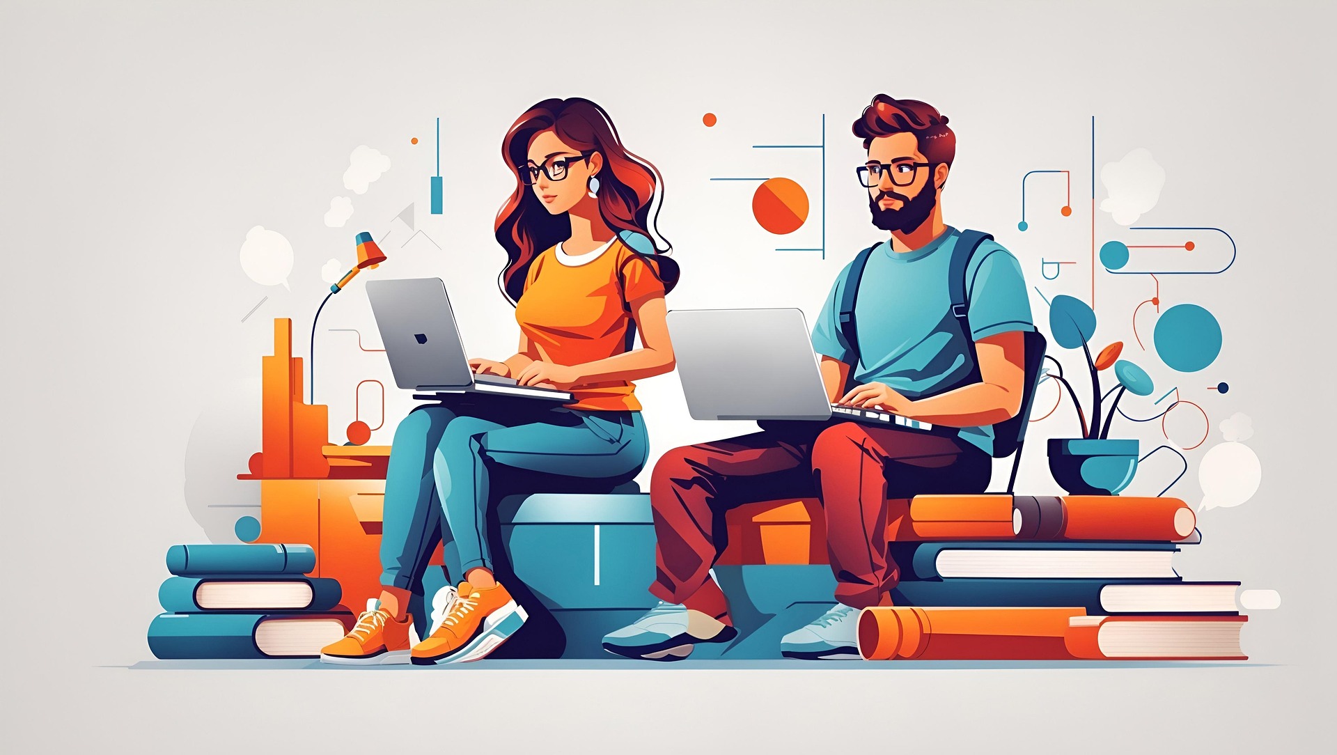 Ilustração de duas pessoas estudando com notebooks ao lado de pilhas de livros.