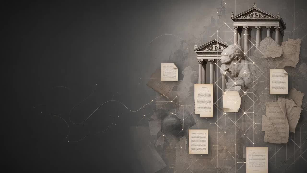 Composição em tons de cinza com templos clássicos, um busto, mapas e páginas de textos conectados por linhas.