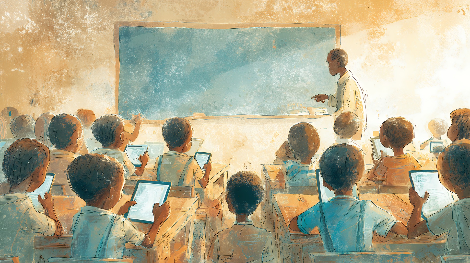 Ilustração de estudantes em sala de aula acompanhando o professor diante de um quadro.